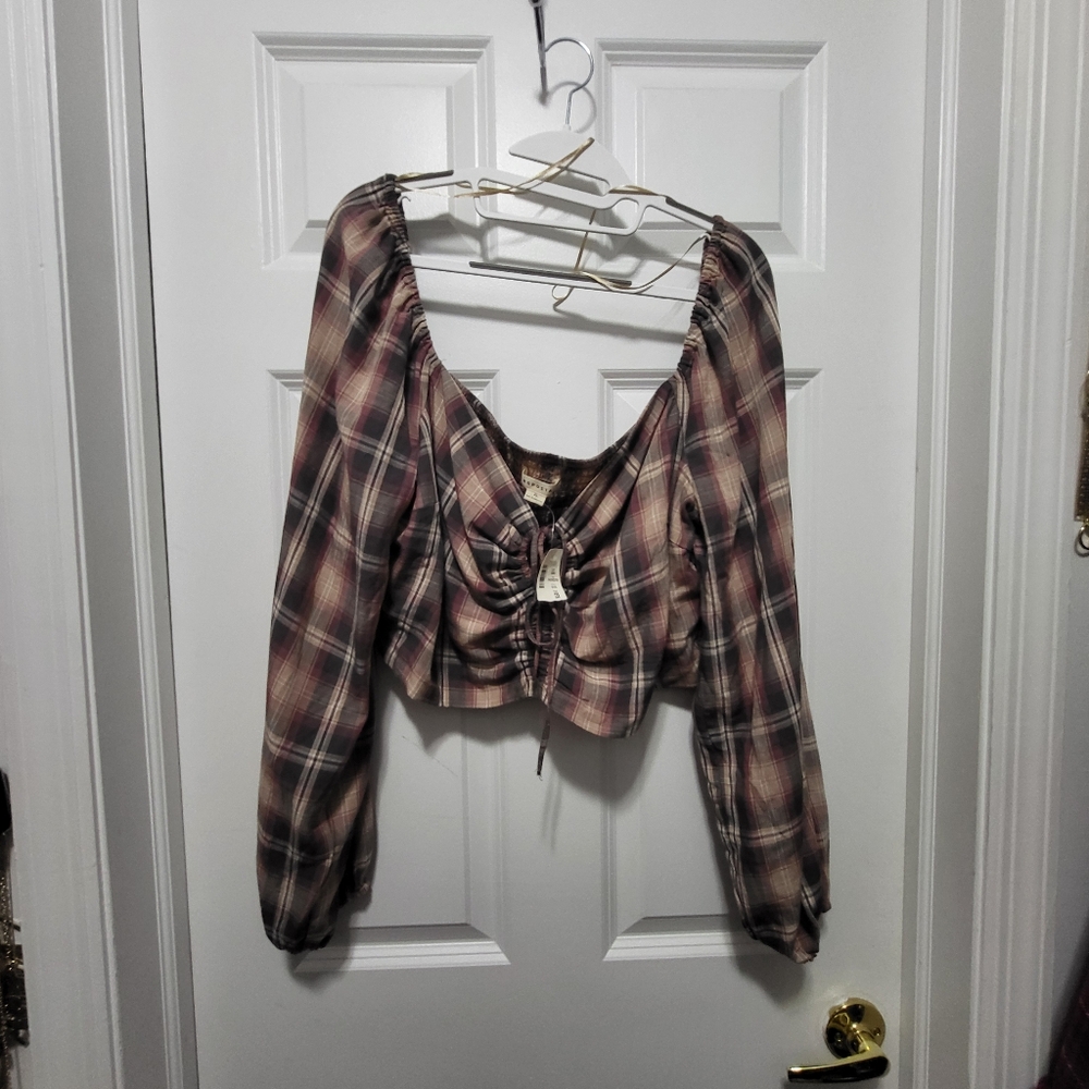 Pink and Grey plaid keyhole crop top with long sleeves